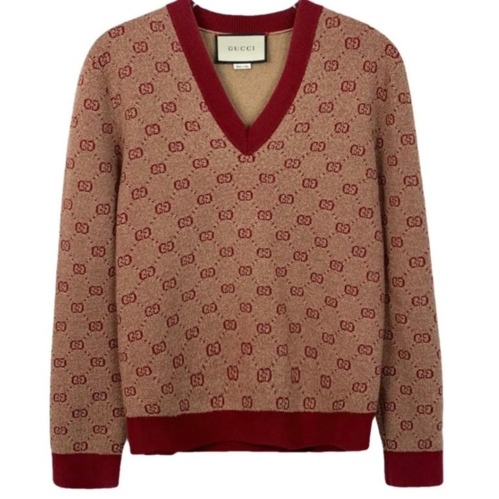 Gucci Double G Jacquard Wool V-Neck Sweater